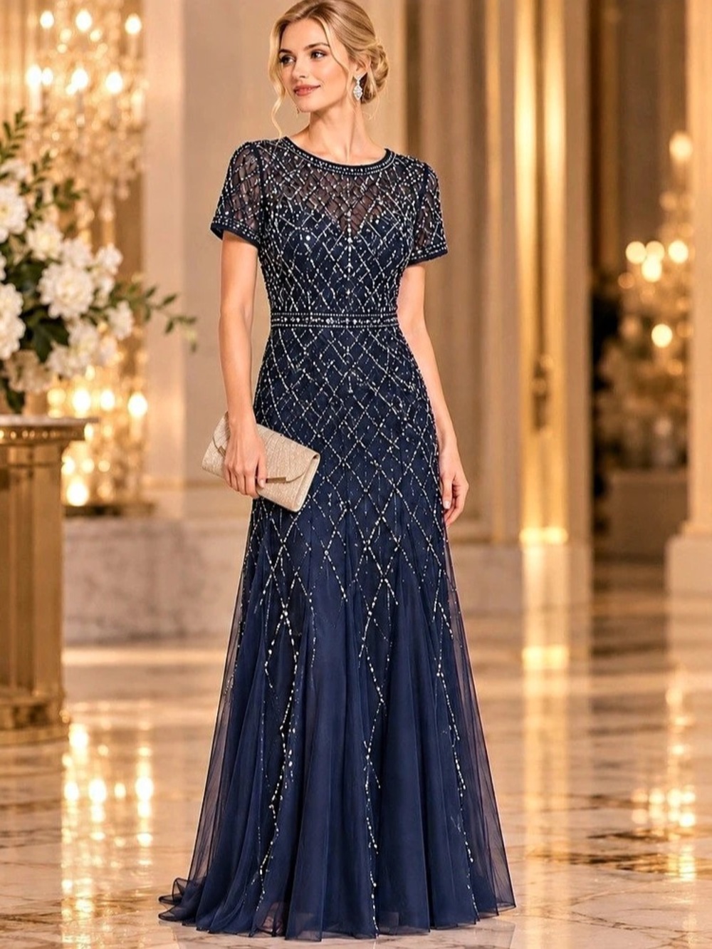 Adrianna Papell Navy Beaded Sequin Formal Gown Size 10 Holiday Party Evening